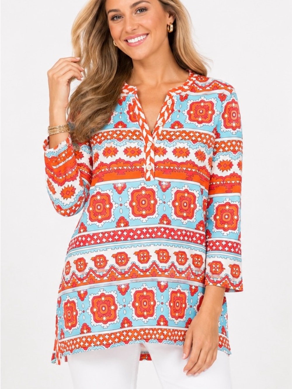 J McLaughlin Women's Orange & Light Blue Printed Tunic Top size L